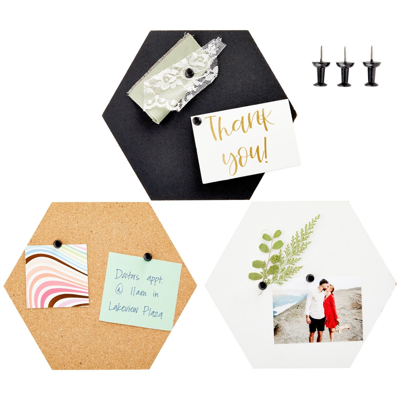 3 Pack Hexagon Cork Board Tiles with Push Pins, Self-Adhesive Bulletin Boards for Walls (Small, 7.9 in)